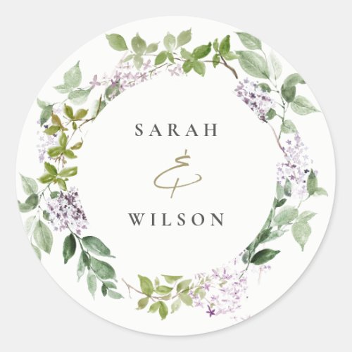 Lilac Floral Wreath Cottage Garden Wedding Classic Round Sticker