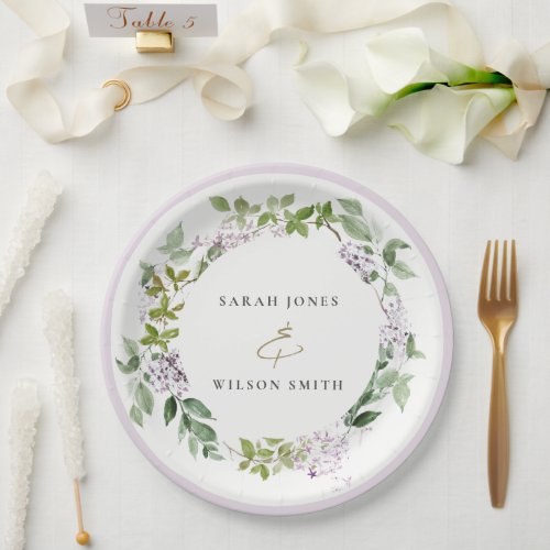 Lilac Floral Wreath Cottage Garden Wedding Paper Plates