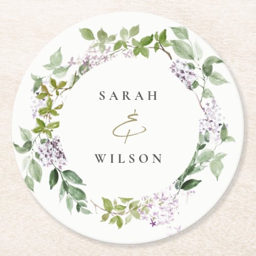 Lilac Floral Wreath Cottage Garden Wedding Round Paper Coaster