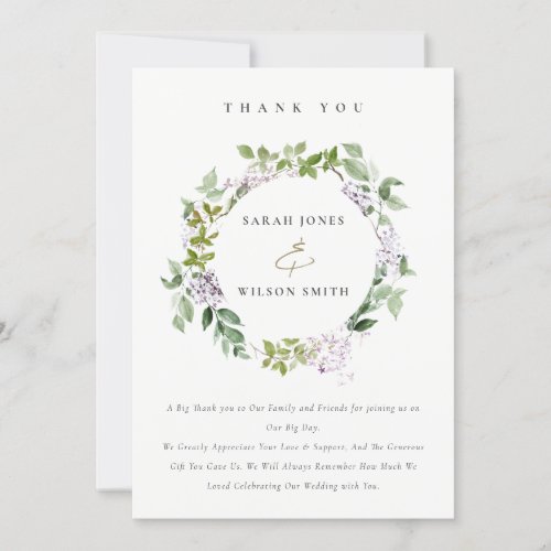 Lilac Floral Wreath Cottage Garden Wedding Thank You Card