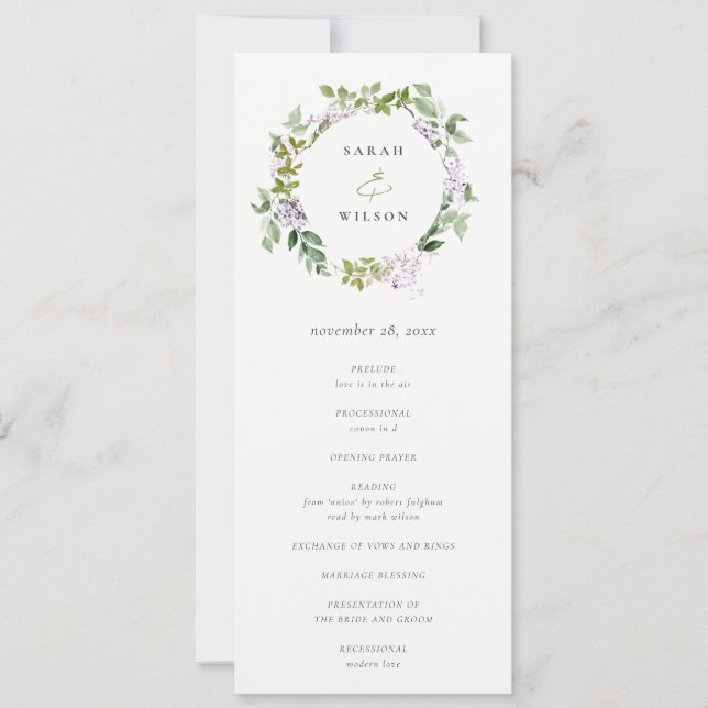 Lilac Floral Wreath Cottage Wedding Program (Front)