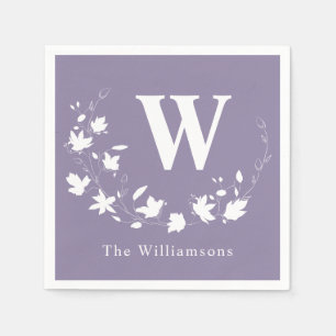 Lilac Floral Wreath Line Art Monogrammed Classic Napkins