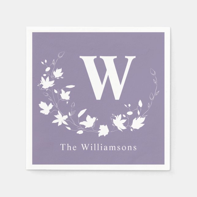 Lilac Floral Wreath Line Art Monogrammed Classic Napkins (Front)