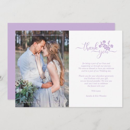 Lilac Floral Wreath Photo Wedding Couple Thank You Card