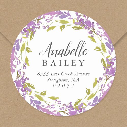 Lilac Floral Wreath Round Return Address Label