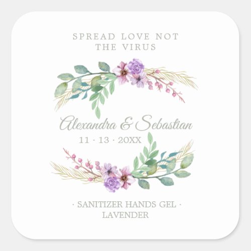 Lilac Floral Wreath Wedding Sanitizer Hand Gel Square Sticker
