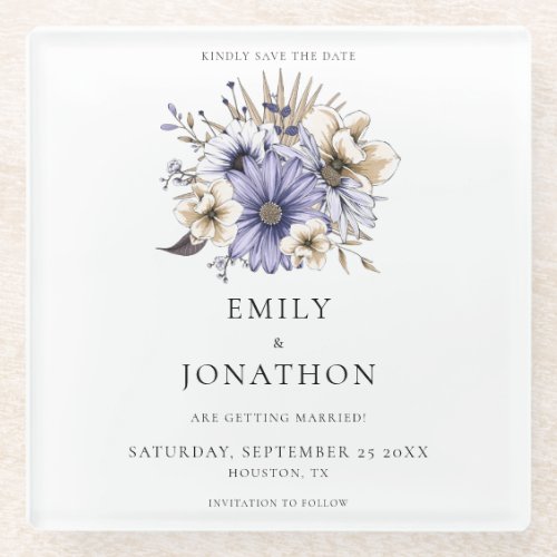 Lilac Florals Watercolor Wedding Save The Date Glass Coaster