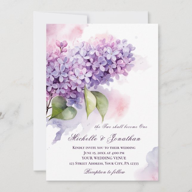 Lilac Flower Christian Bible Verse Wedding Invitation (Front)