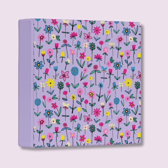 Lilac Flower Garden kids pattern 3 Ring Binder (Whimsical binder with hand drawn wildflowers on a lilac background.)