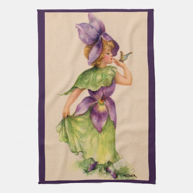 lilac flower girl print kitchen towel (Vertical)