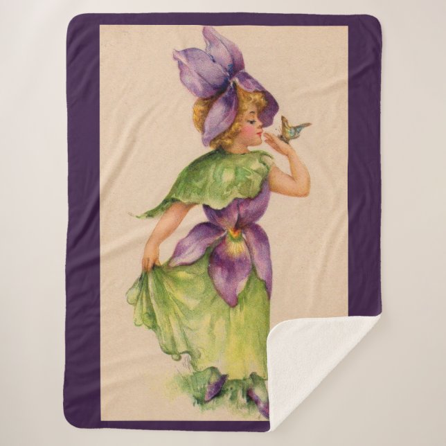 lilac flower girl print sherpa blanket (Front)