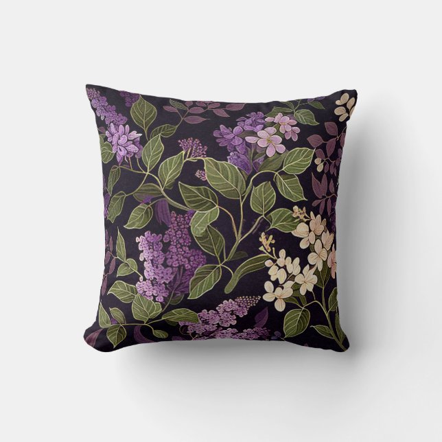 Lilac Flower Purple Black Floral Botanical Pattern Throw Pillow (Front)