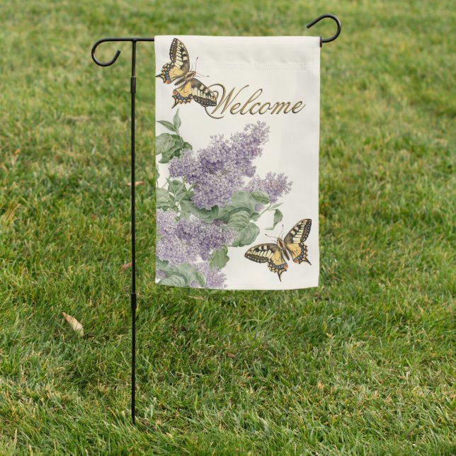 Lilac Flower Swallowtail Butterfly Welcome Garden  Flag (In SItu)