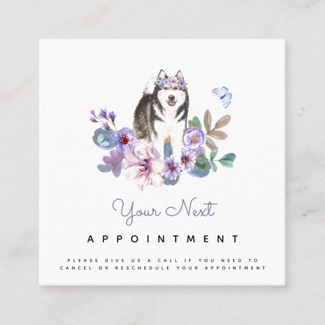 Lilac Flowers & Alaskan Malamute Dog Appointment Square Business Card (Front)