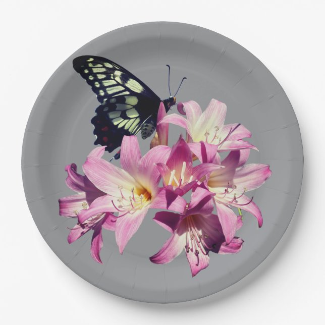 Lilac Flowers and Butterfly Paper Plates (Front)