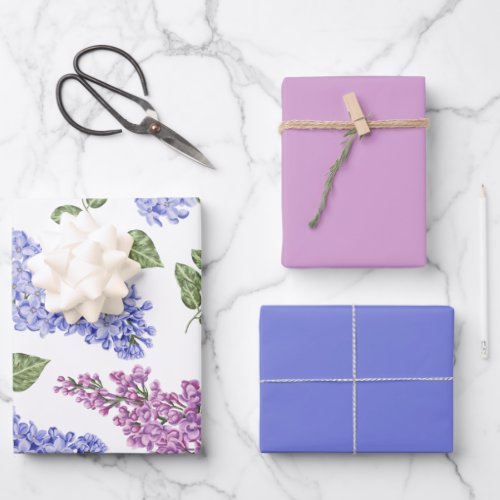 Lilac flowers and leaves pattern wrapping paper sheets
