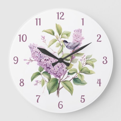 Lilac Flowers  Bird Botanical Illustration Wall Large Clock