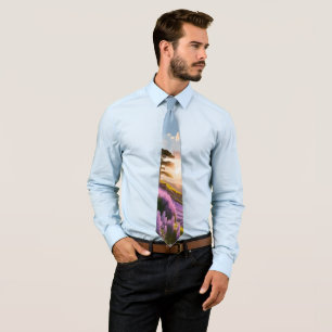 Lilac Flowers Bloom on Hill at Sunset Glow Neck Tie