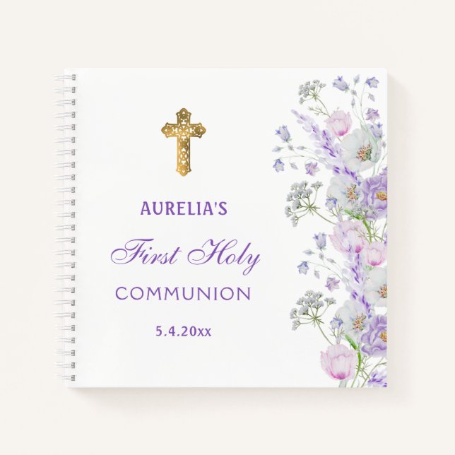 Lilac Flowers First Communion Guest Book (Front)