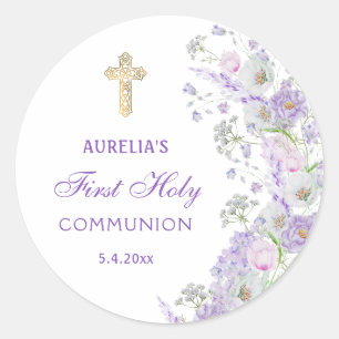 Lilac Flowers First Communion Round Sticker