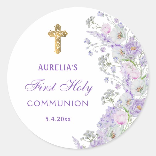 Lilac Flowers First Communion Round Sticker (Front)