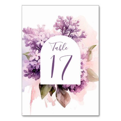 Lilac Flowers Floral Watercolor Art Wedding  Table Number