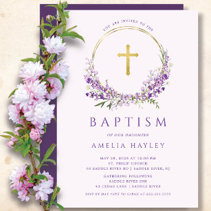 Lilac Flowers Girls First Baptism Invitation