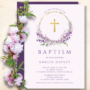 Lilac Flowers Girls First Baptism Invitation by invitationstop at Zazzle