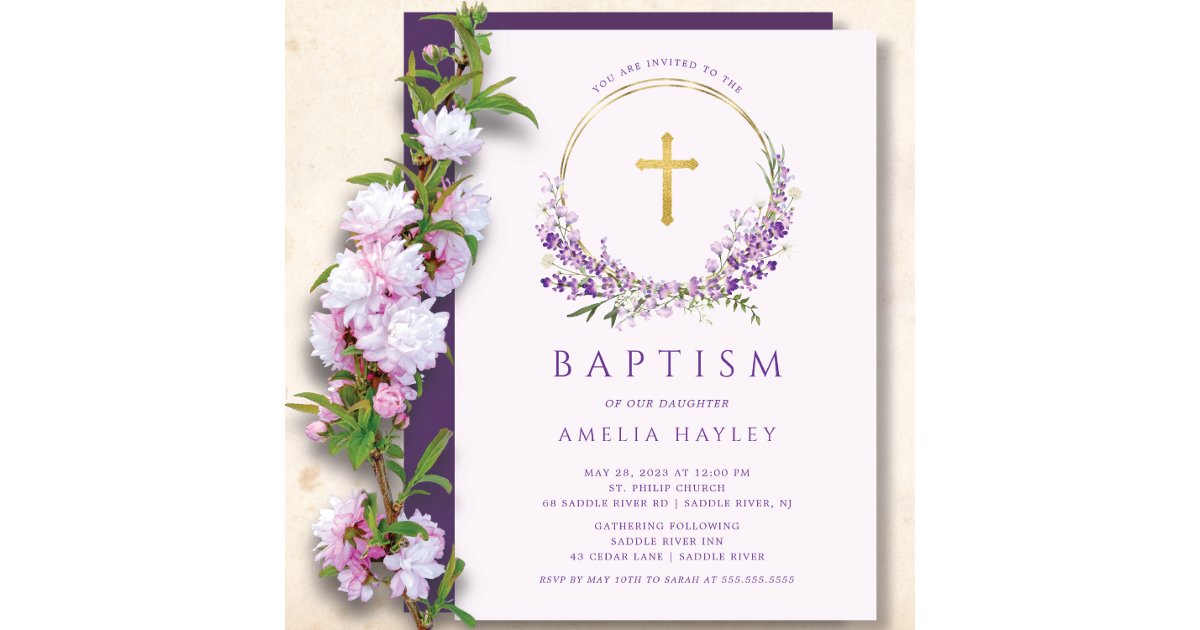 Lilac Flowers Girls First Baptism Invitation 