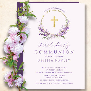 Lilac Flowers Girls First Communion Invitation by invitationstop at Zazzle