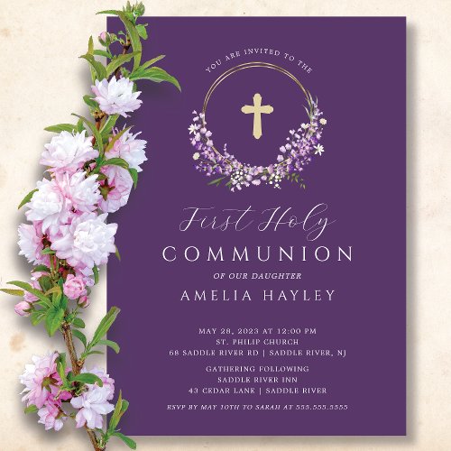 Lilac Flowers Girls First Communion Invitation