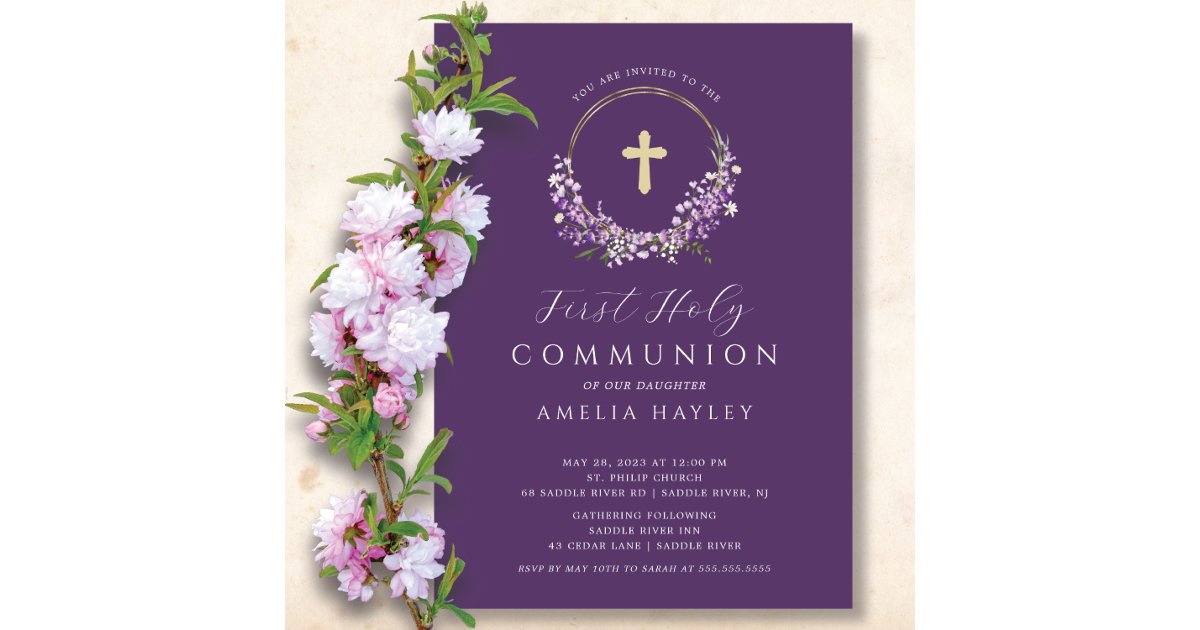 Lilac Flowers Girls First Communion Invitation | Zazzle