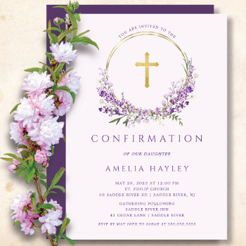 Lilac Flowers Girls First Confirmation Invitation by invitationstop at Zazzle