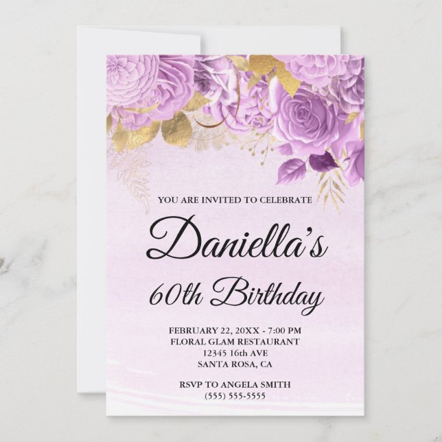 Lilac Flowers Gold Foil Watercolor 60th Birthday Invitation (Front)
