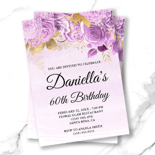 Lilac Flowers Gold Foil Watercolor 60th Birthday Invitation