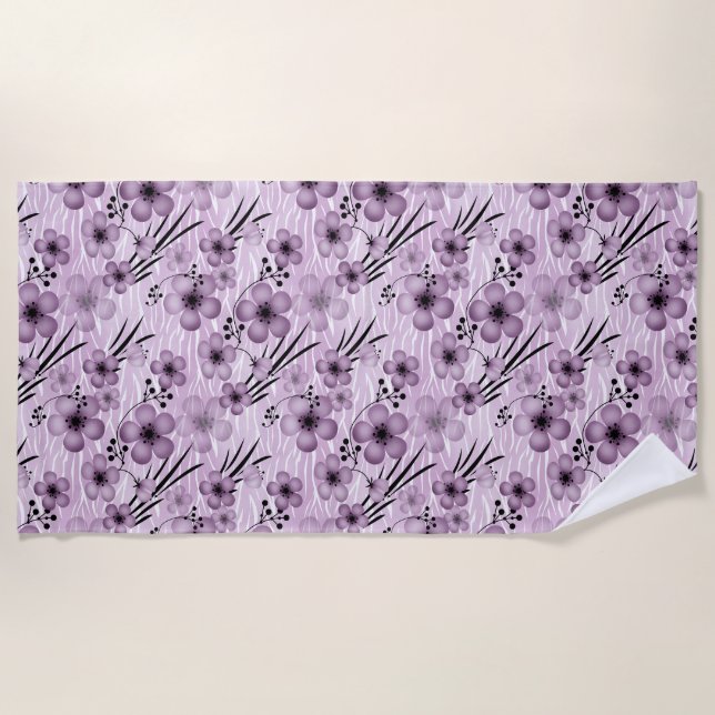 Lilac flowers pattern on tiger background beach towel (Front)