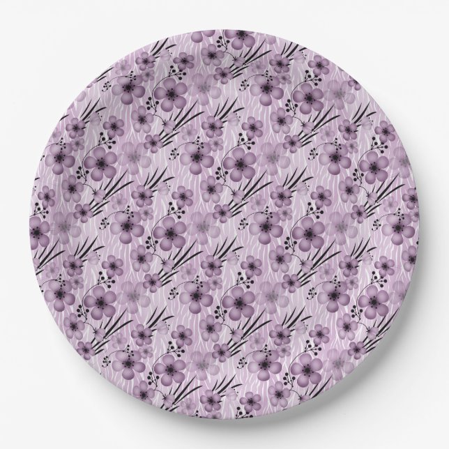 Lilac flowers pattern on tiger background paper plates (Front)