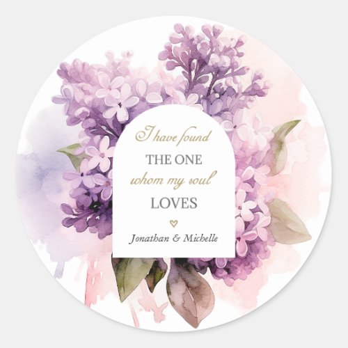Lilac Flowers Watercolor Art Wedding Bible Verse Classic Round Sticker