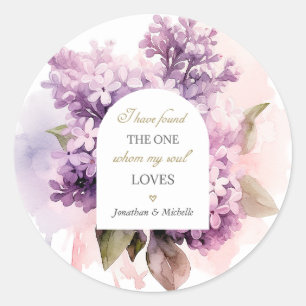 Lilac Flowers Watercolor Art Wedding Bible Verse Classic Round Sticker