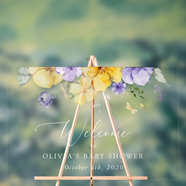 Lilac Flowers, Yellow Flowers, Baby Shower Welcome Acrylic Sign (Neutral)
