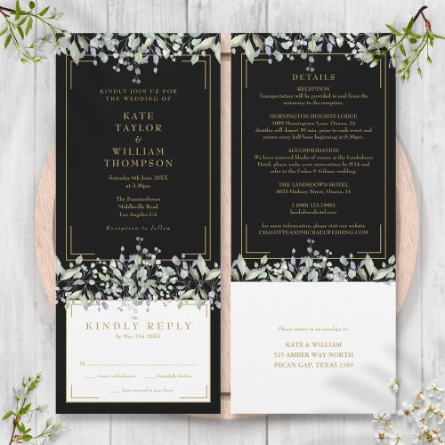 Lilac Foliage Black And Gold All In One Wedding Invitation