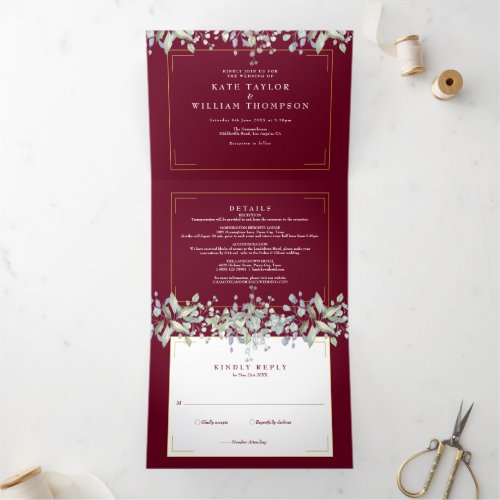 Lilac Foliage Burgundy Monogram Photo Wedding Tri_Fold Invitation