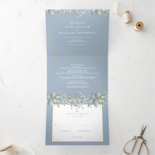 Lilac Foliage Dusty Blue Monogram Photo Wedding Tri_Fold Invitation