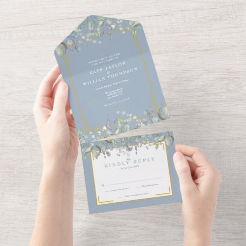 Lilac Foliage Dusty Blue Monogram Wedding All In One Invitation