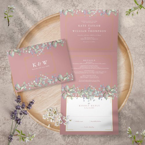 Lilac Foliage Dusty Rose Monogram Photo Wedding Tri_Fold Invitation