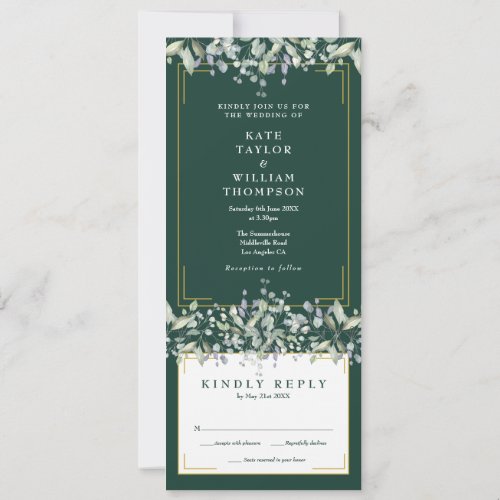 Lilac Foliage Emerald Green All In One Wedding Invitation