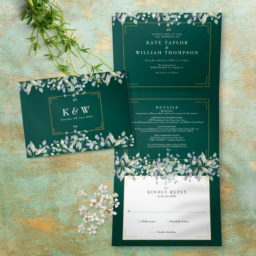 Lilac Foliage Emerald Monogram Photo Wedding Tri_Fold Invitation