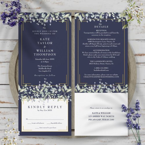 Lilac Foliage Navy Blue All In One Wedding Details Invitation