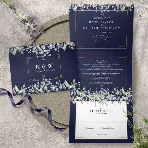 Lilac Foliage Navy Blue Monogram Photo Wedding Tri_Fold Invitation