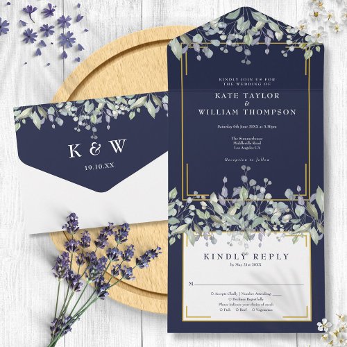 Lilac Foliage Navy Blue Monogram Wedding All In One Invitation